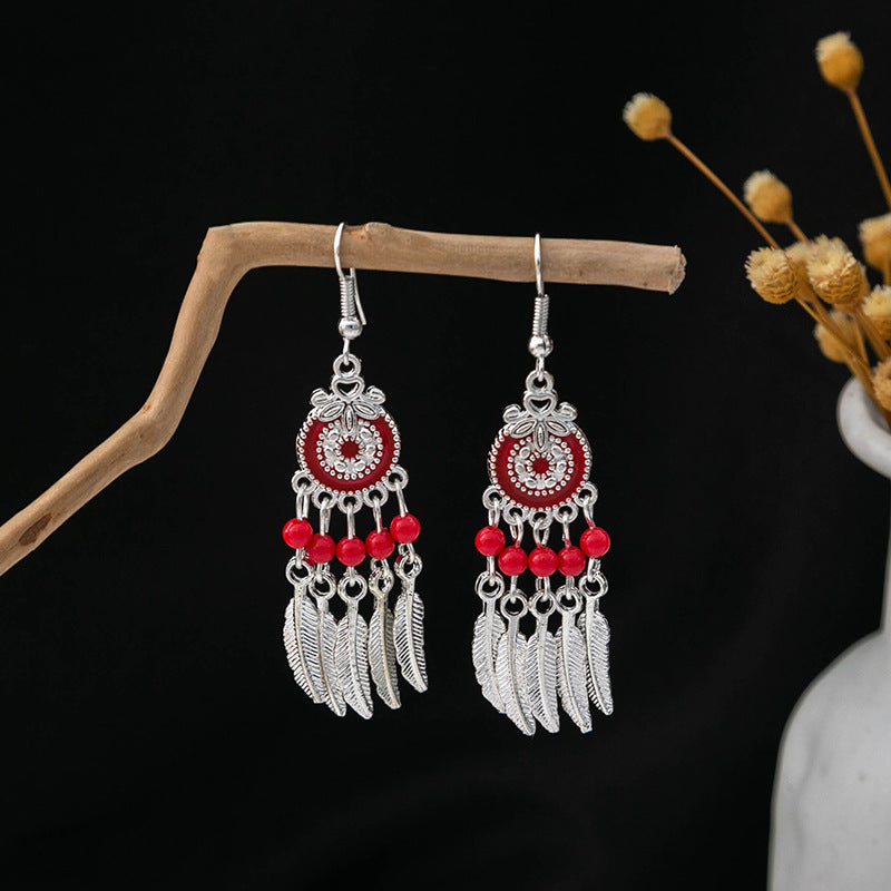 Miao Sier Colorful Long Feather Tassel Rings