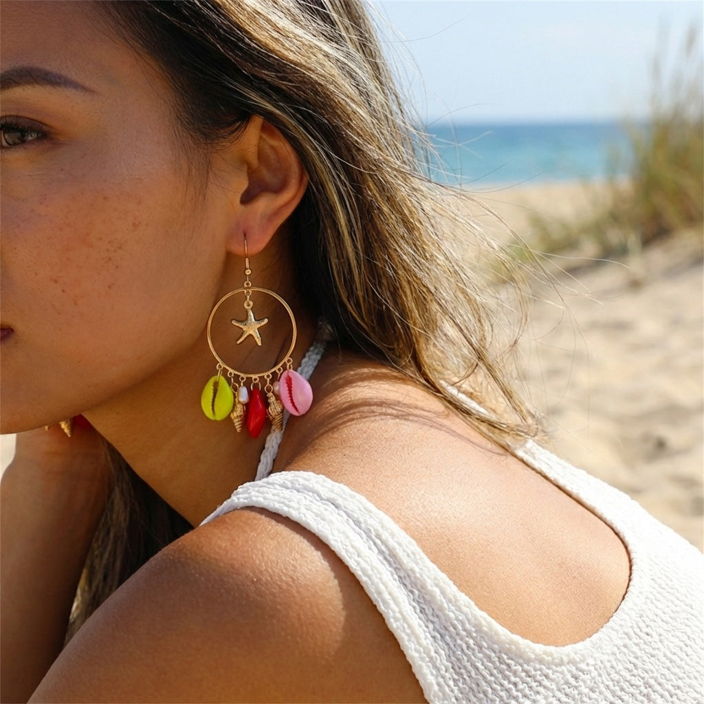 Summer Ocean Style Starfish Shell Niche Design Beach Vacation Earrings