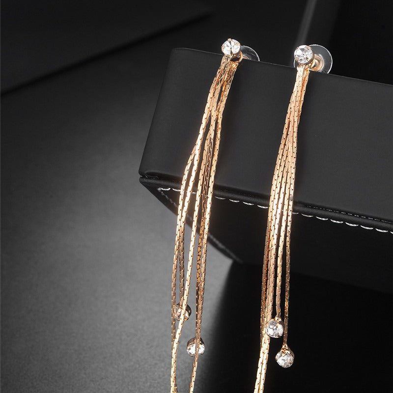 Exaggerated Front 2 Back Strings Tassel Super Long Rhinestone Pendants