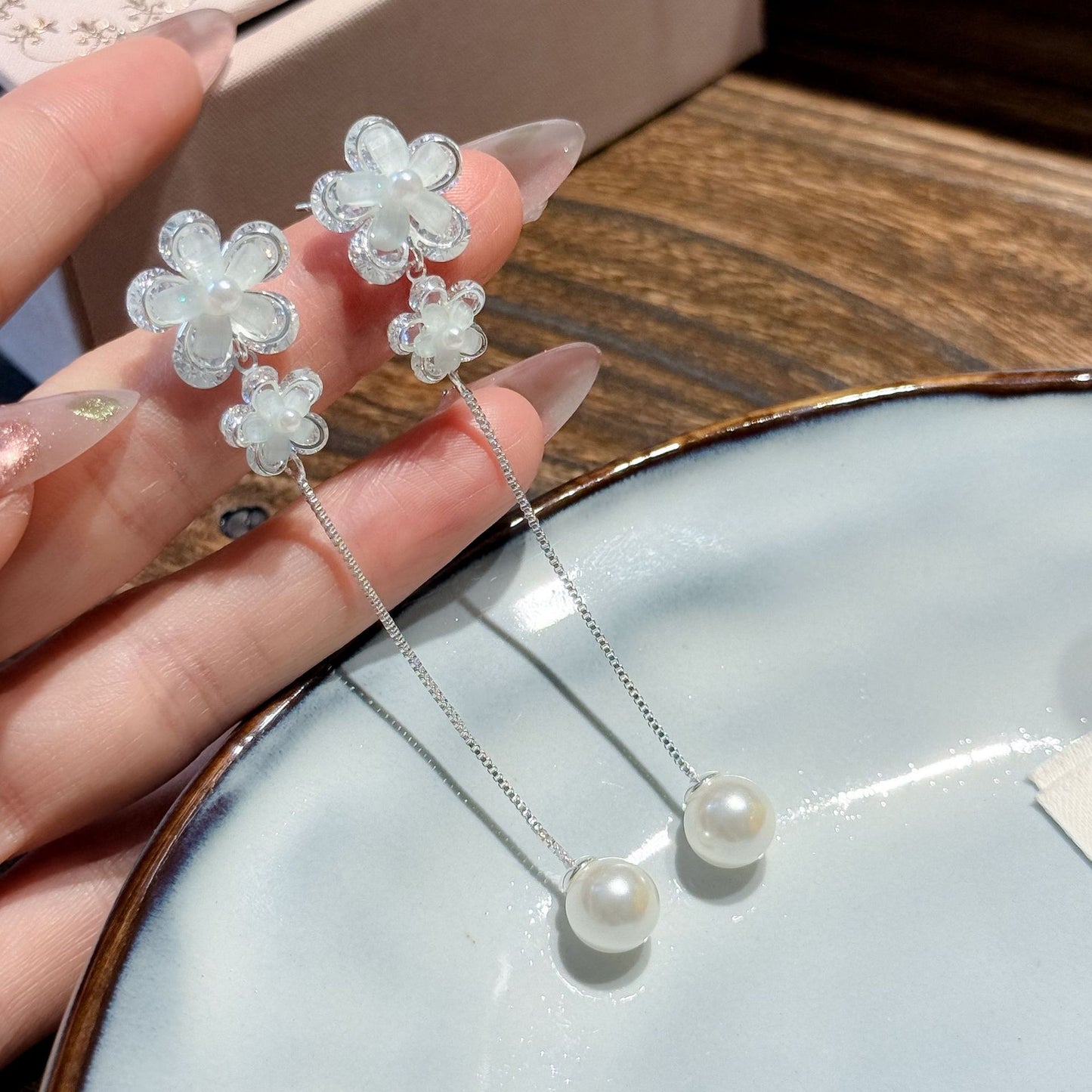 Fashion Long Double Flower Pearl Tassel Super Fairy Face Small Stud Earrings