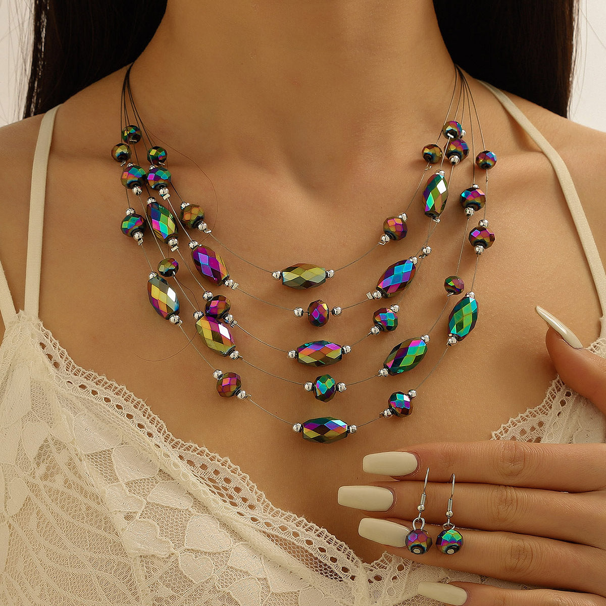 Women's Fashion Style Korean Love Pink Beaded Simple Graceful Jewelry Set