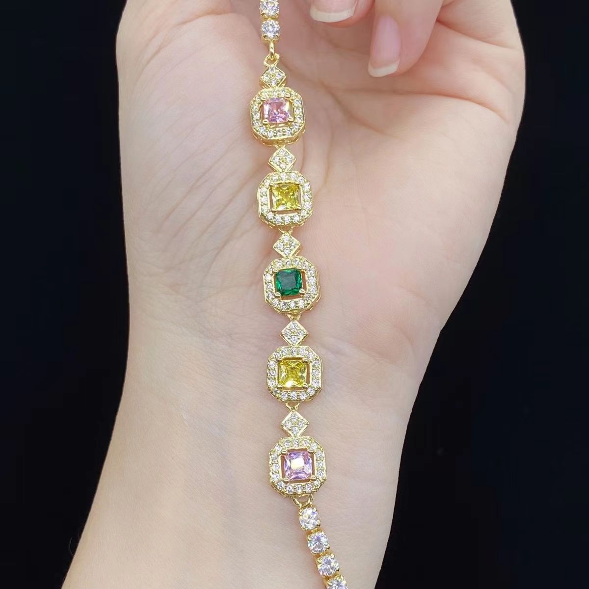 Color Tourmaline Princess Square Full Diamond Female Bracelet