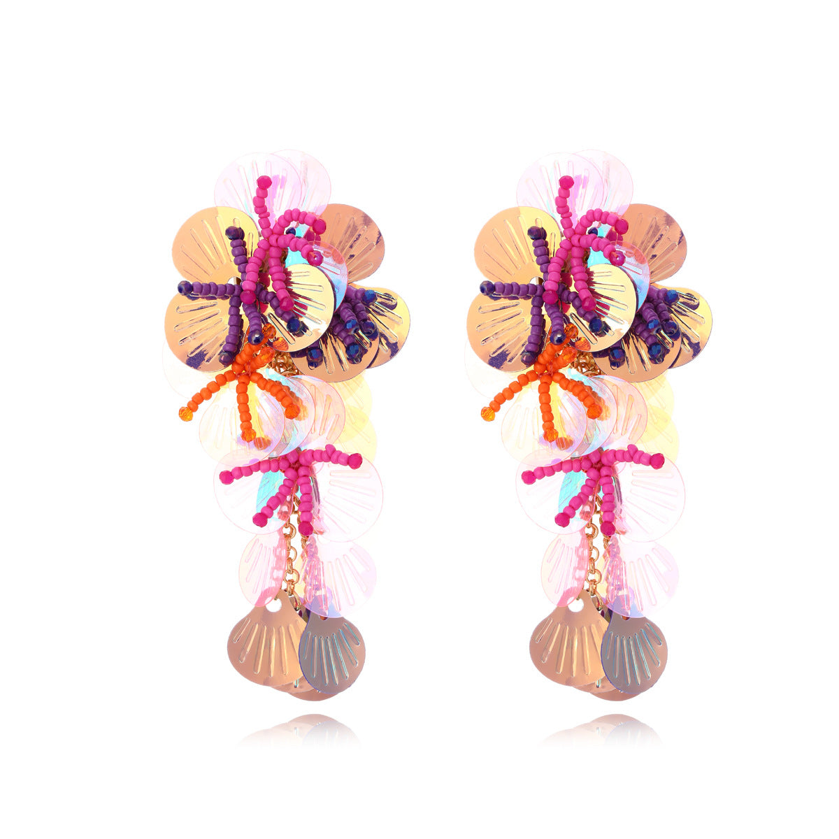Women's Sequined Flower Tassel Exaggerated Dopamine Handmade String Earrings