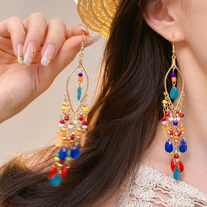 Women's Travel Antique Bohemian Long Fringe High Sense Holiday Nail Ethnic Earrings