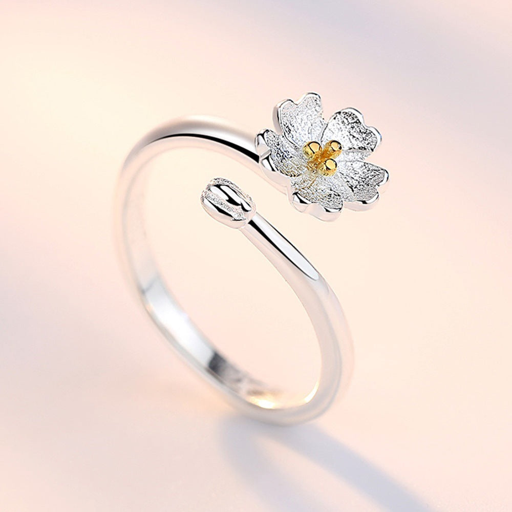 Open Mouth Sier Plated Female Flower Fashion Sweet Adjustable Rings