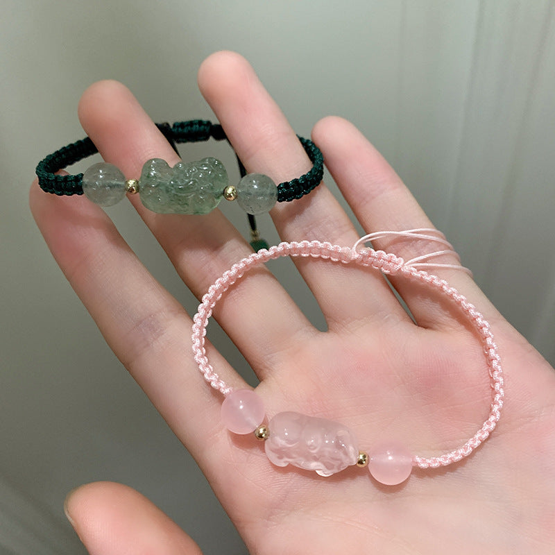 Crystal Green Strawberry Pi Hand Woven Rope Original Life Bracelet