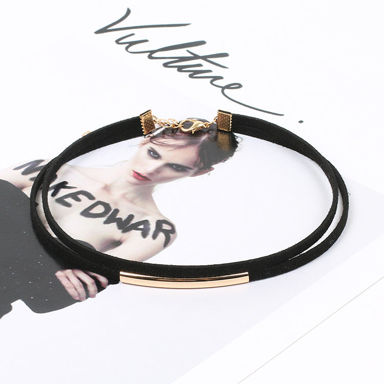 Women's Double Circle Short Metal Tube Gothic Black Necklaces