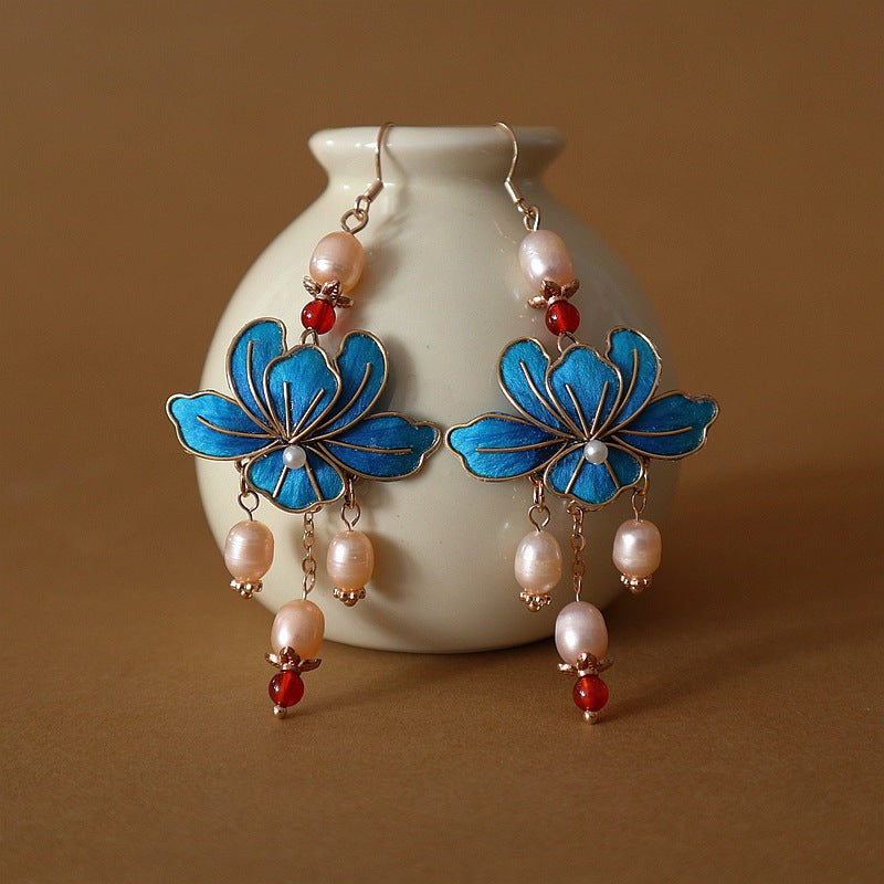 Gradient Color Veet Flower Chinese Style Skirt Petals Fresh Water Earrings
