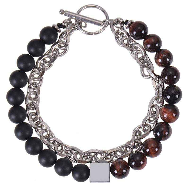 Men's Stainless Steel Square Black Magnet Beaded Bracelet