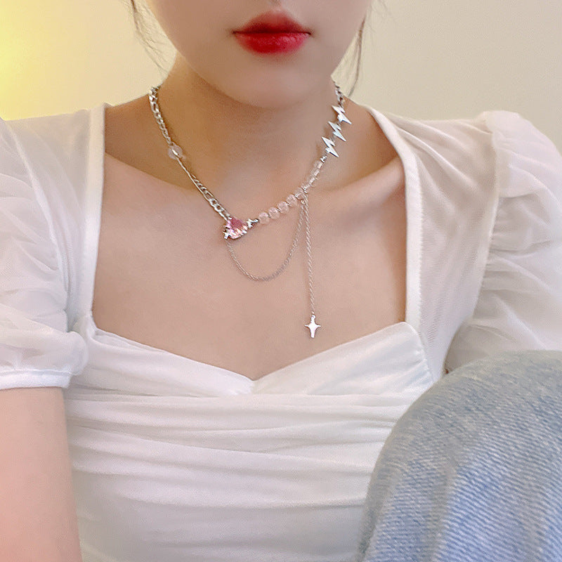 Women's Style Pink Heart For Trendy Patchwork Easy Matching Temperament Titanium Necklace