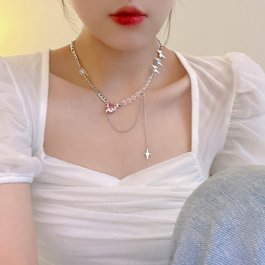 Women's Style Pink Heart For Trendy Patchwork Easy Matching Temperament Titanium Necklace