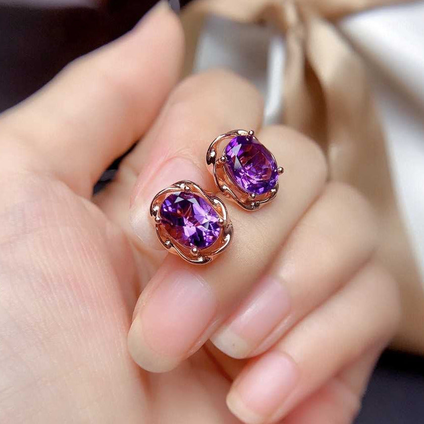 Women's Live Simulation Amethyst Simple Light Luxury Style Rose Gold Earrings