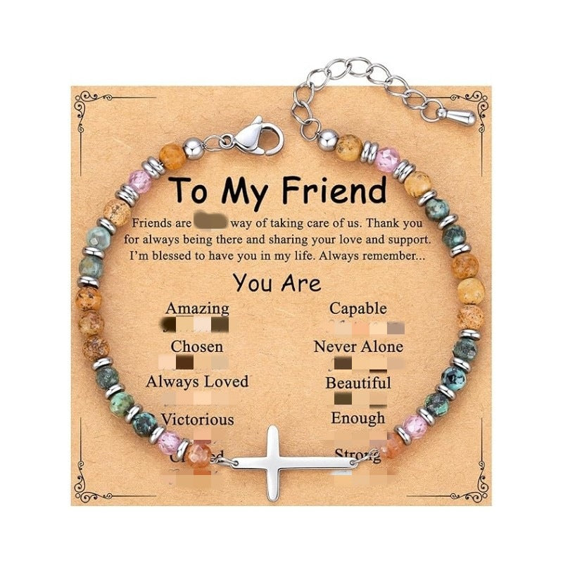 Women's Natural Stone Beaded Cross Lobster Buckle Adjustable Band Bracelet