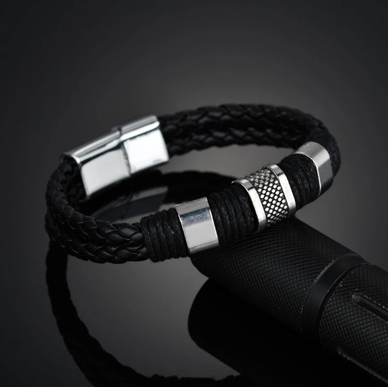 Men's Weaving Leather Stainless Steel Magnetic Buckle Bracelet