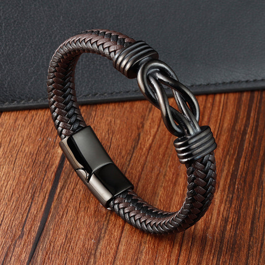 Men's Infinite Leather Handmade Authentic Weave Stainless Bracelet