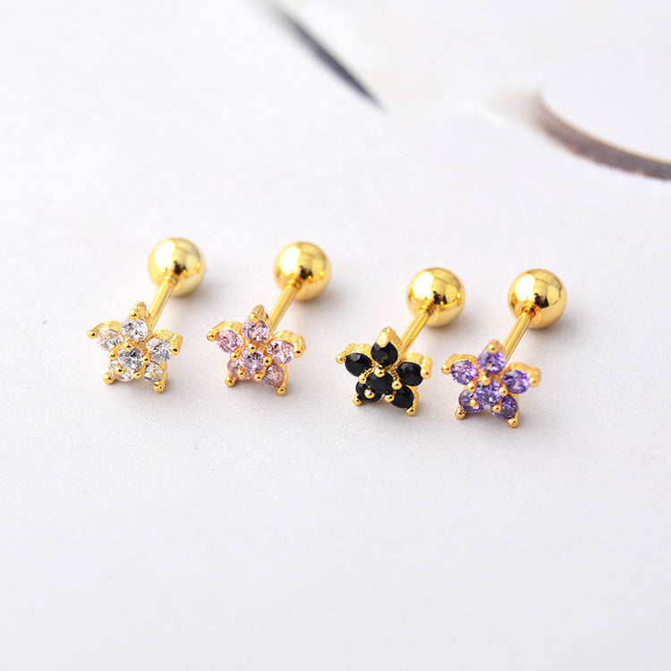 Flowers Female Screw Pattern Zircon Ear Earrings