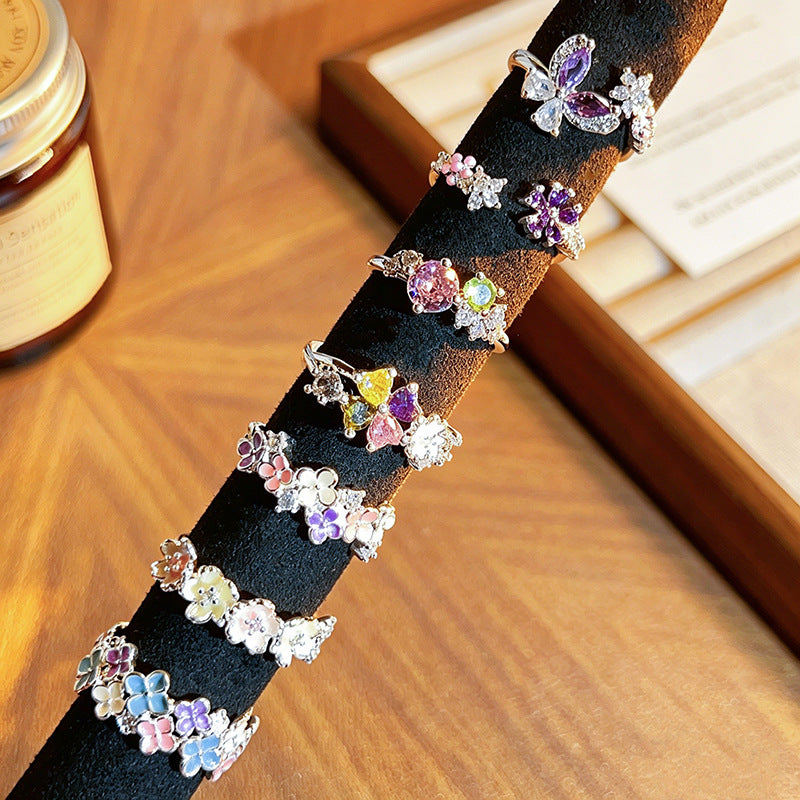 Matching Colored Gems Enamel Dopamine Flower Sweet Zircon Gentle White Rings