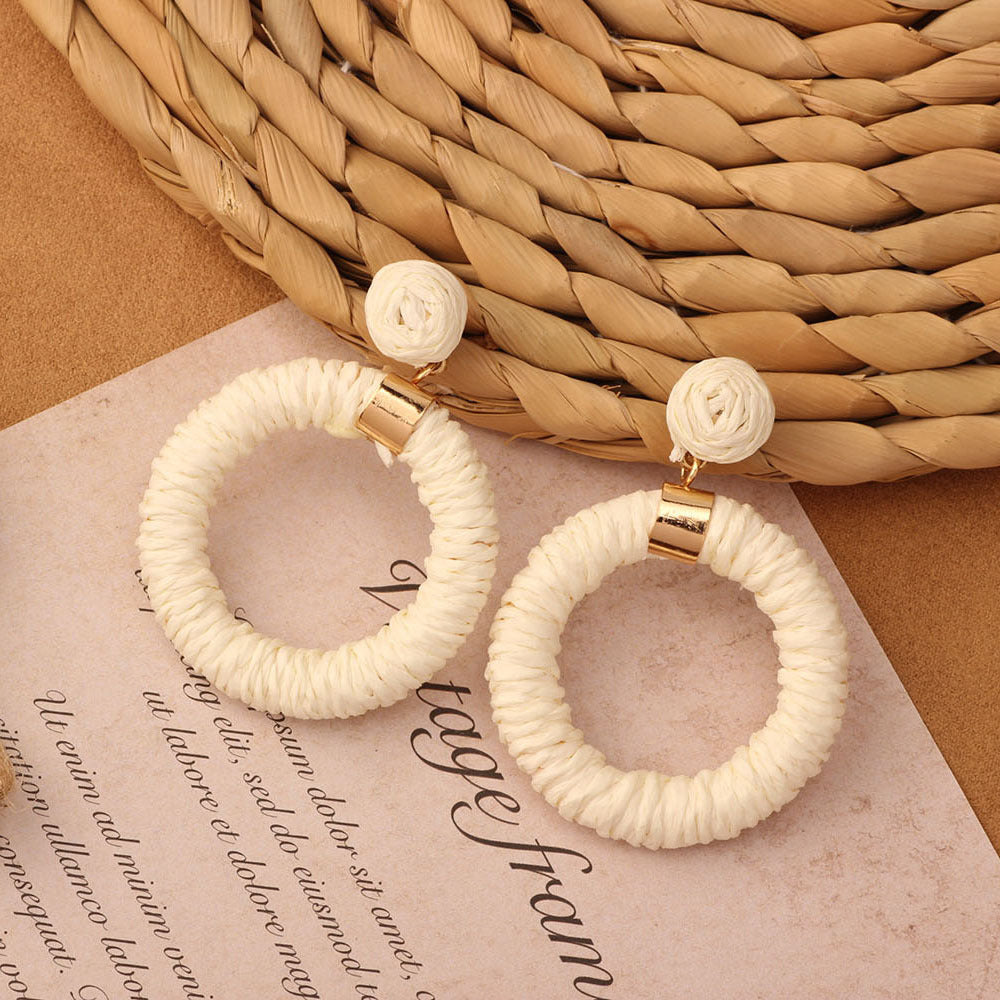 Retro Beach Vacation Bohemian Grass Rattan Woven Female Temperament Long Earrings