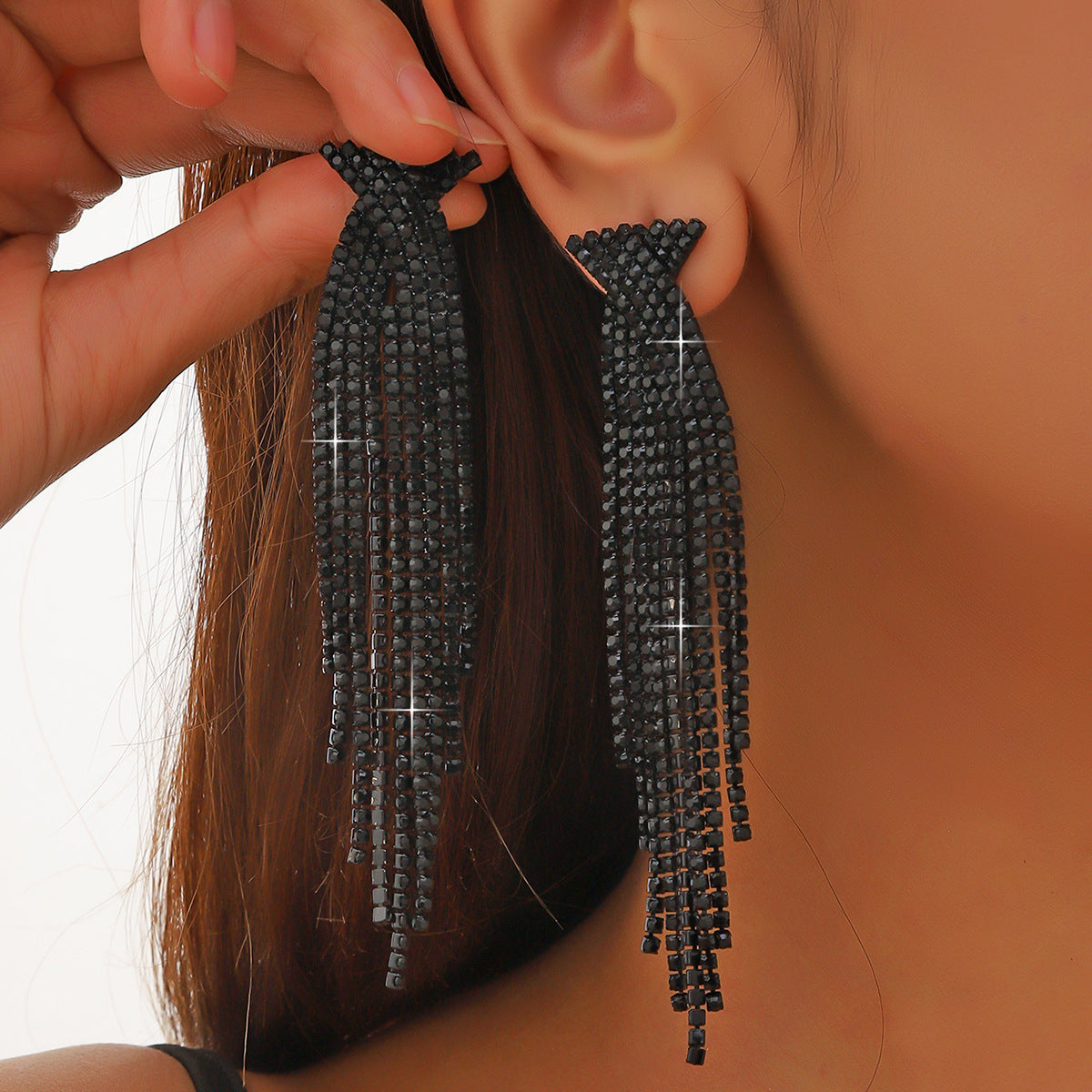Semicircle Blue Tassel Rhinestone Long Ear Earrings