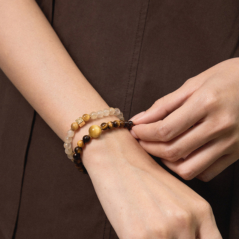 Natural Yellow Tiger's Eye Double National Style Twin Gold Rutilated Bracelet