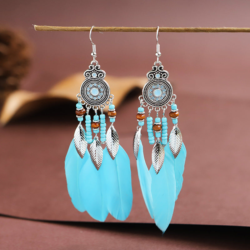 Feather Round Drop Oil Craft Retro Ethnic Earrings