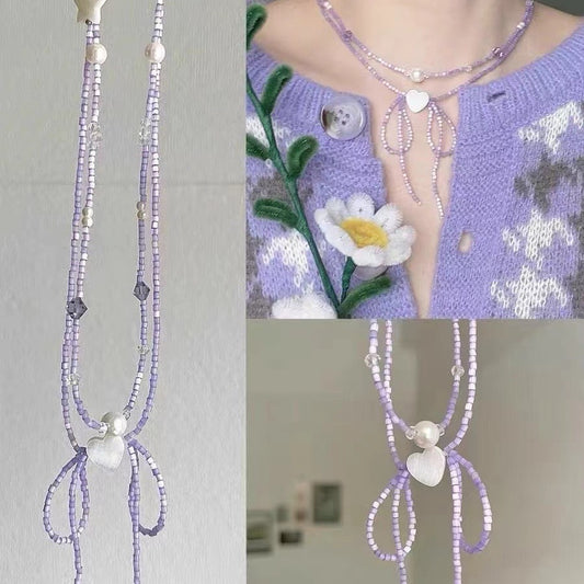 Women's Atmosphere Design Beaded Bow Love For Versatile Korean Style Cute Necklace