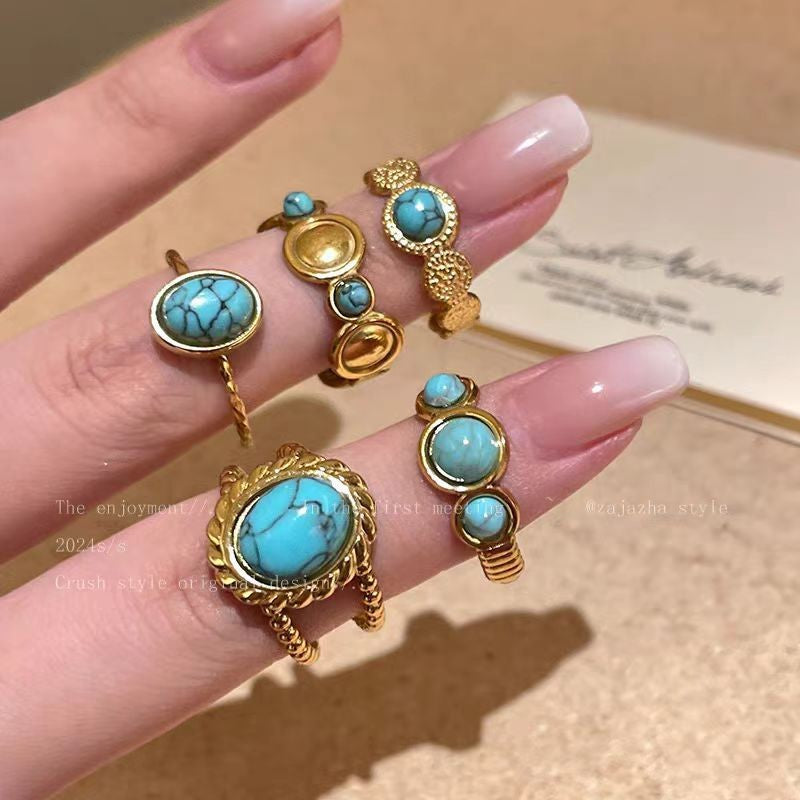 Personality Vacuum Plating Golden Flower Turquoise Ring