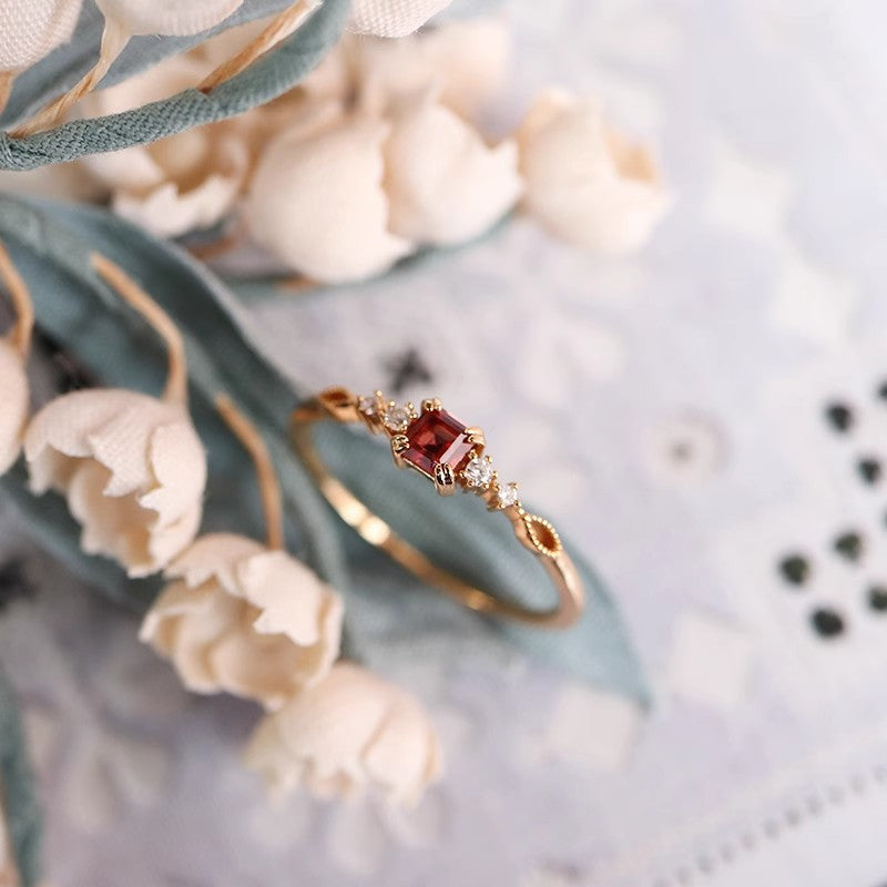 Garnet Exquisite Sterling Sier Gold-plated Square Simple Ring