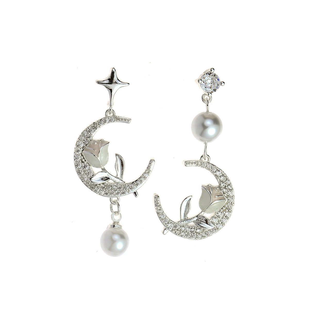 Women's Pearl For Asymmetric Design Full Diamond Stud Earrings