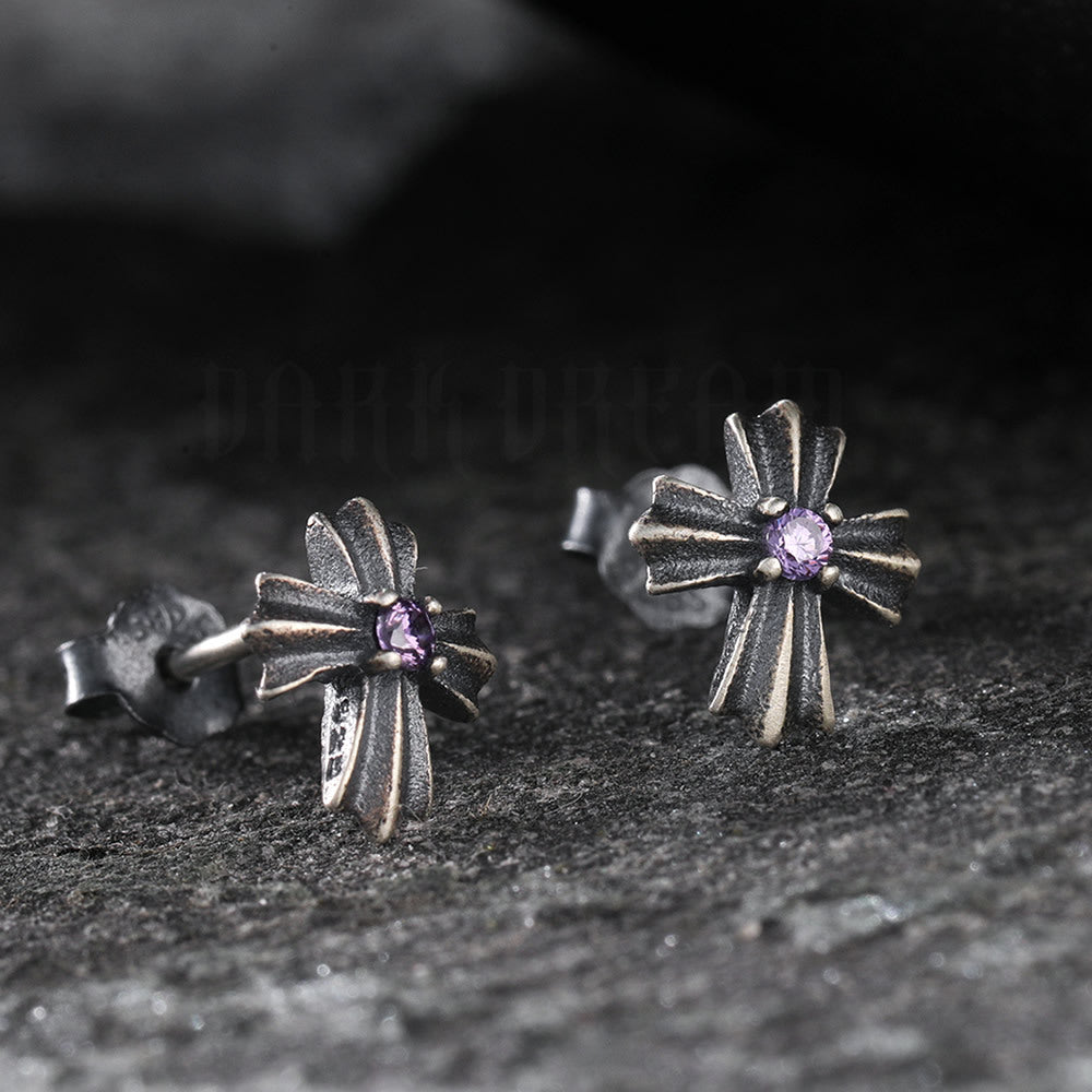 Entire Sterling Sier Retro Cross Purple Zircon Inlaid Distressed Light Stud Earrings