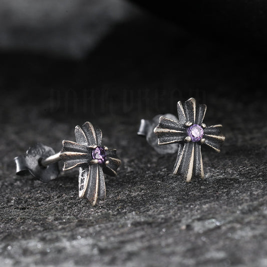 Entire Sterling Sier Retro Cross Purple Zircon Inlaid Distressed Light Stud Earrings
