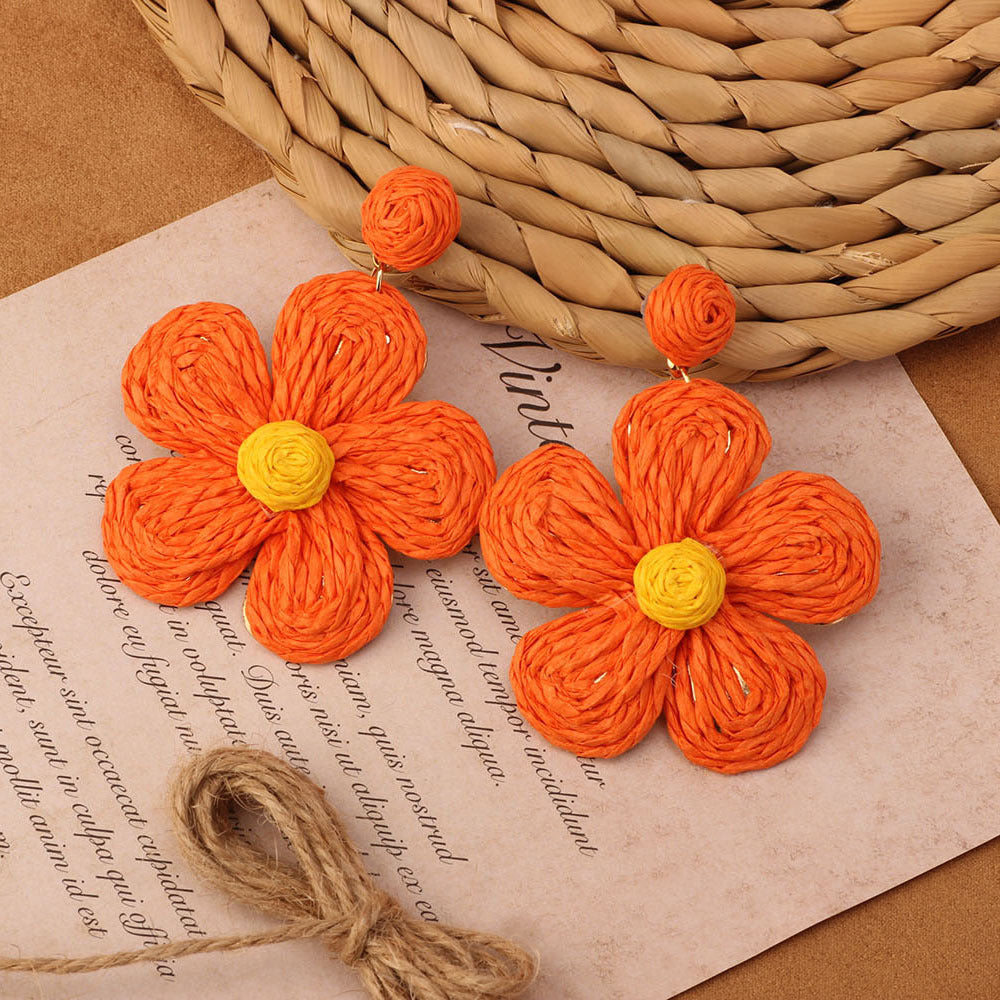 Retro Beach Vacation Bohemian Grass Rattan Woven Female Temperament Long Earrings