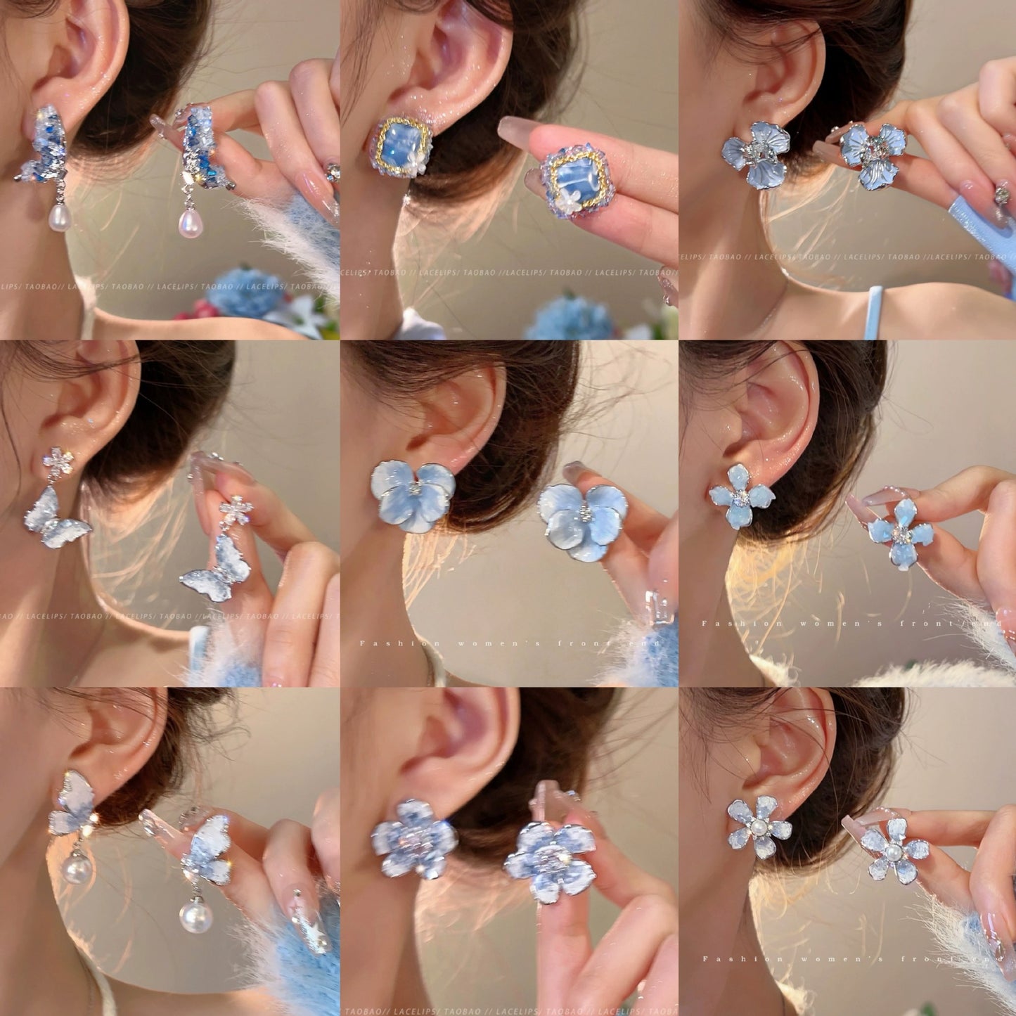 Blue Crystal Butterfly Flower Fashion Simple Fresh Light Luxury High Earrings