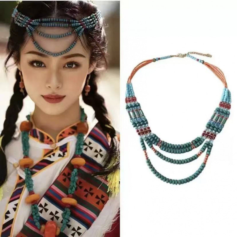 Women's Chinese Style Twin Tibetan Classical Beaded Clavicle Necklace