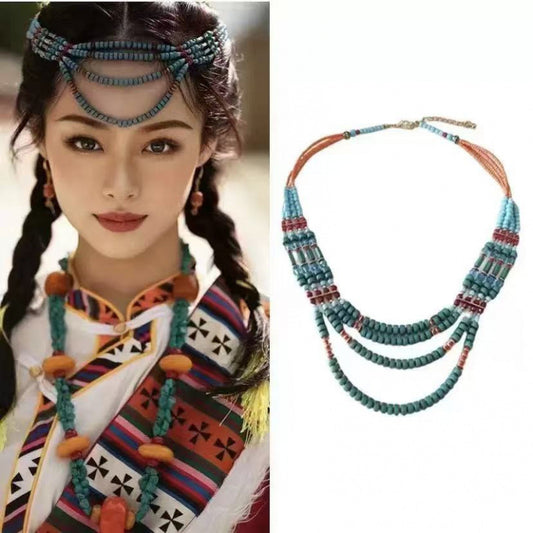 Women's Chinese Style Twin Tibetan Classical Beaded Clavicle Necklace