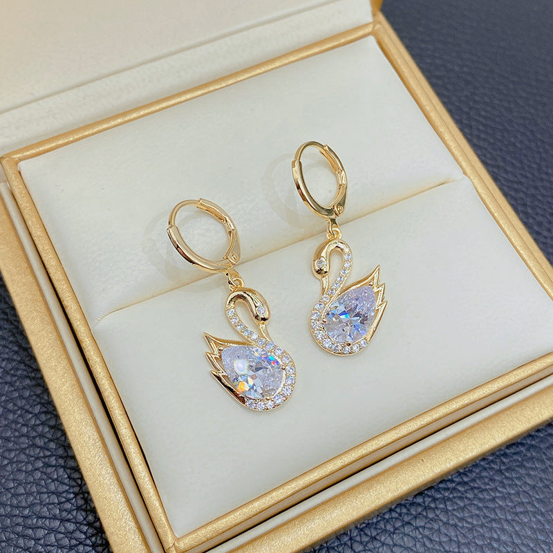Swan Super Flash Rhinestone Personalized Minority Design Sense Temperament Earrings