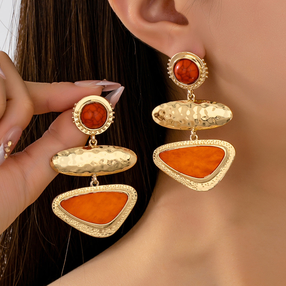 Style Geometric Hammered Metal Orange Stone Long Niche Earrings