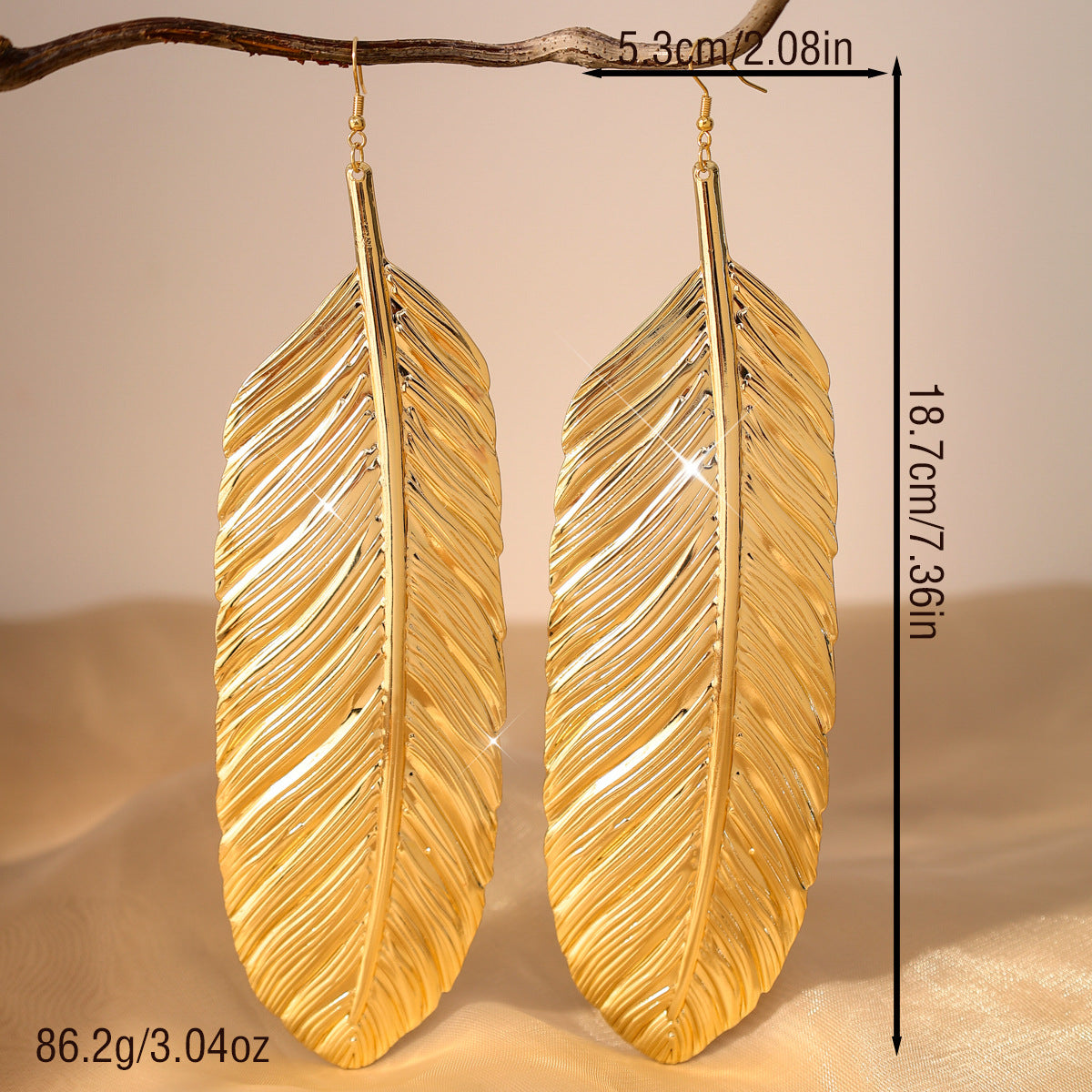 Exaggerated Long Metal Feather Textured Niche Earrings
