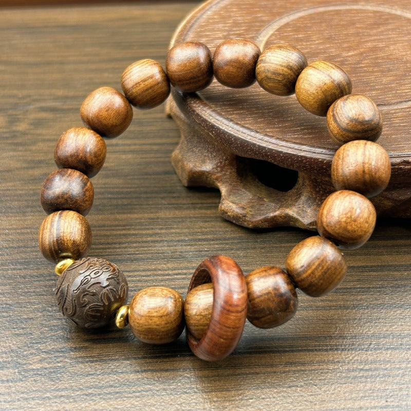 Women's & Men's Sandalwood Carving Beads Lettering Flexible Black Bracelet