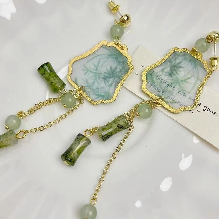 Women's Style National Fashion Enamel Long Tassel Ancient Jade Bamboo Flower Stud Earrings