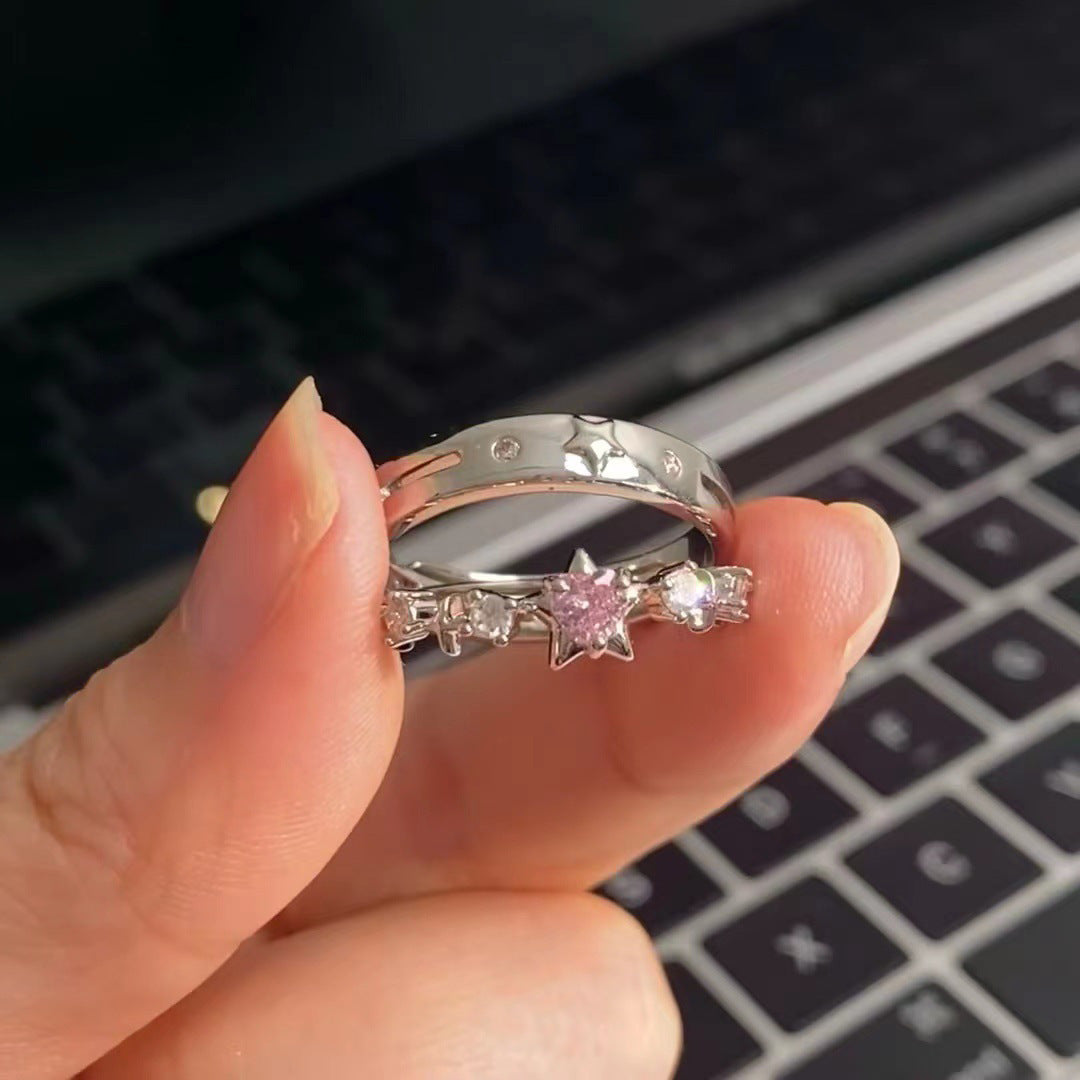 Women's & Men's Pink Niche Cute Bear Argent Pur Five-pointed Star Rings