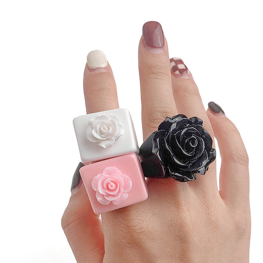 Asian Culture Black White Rose Resin Fashion Pink Decorative Punk Ring