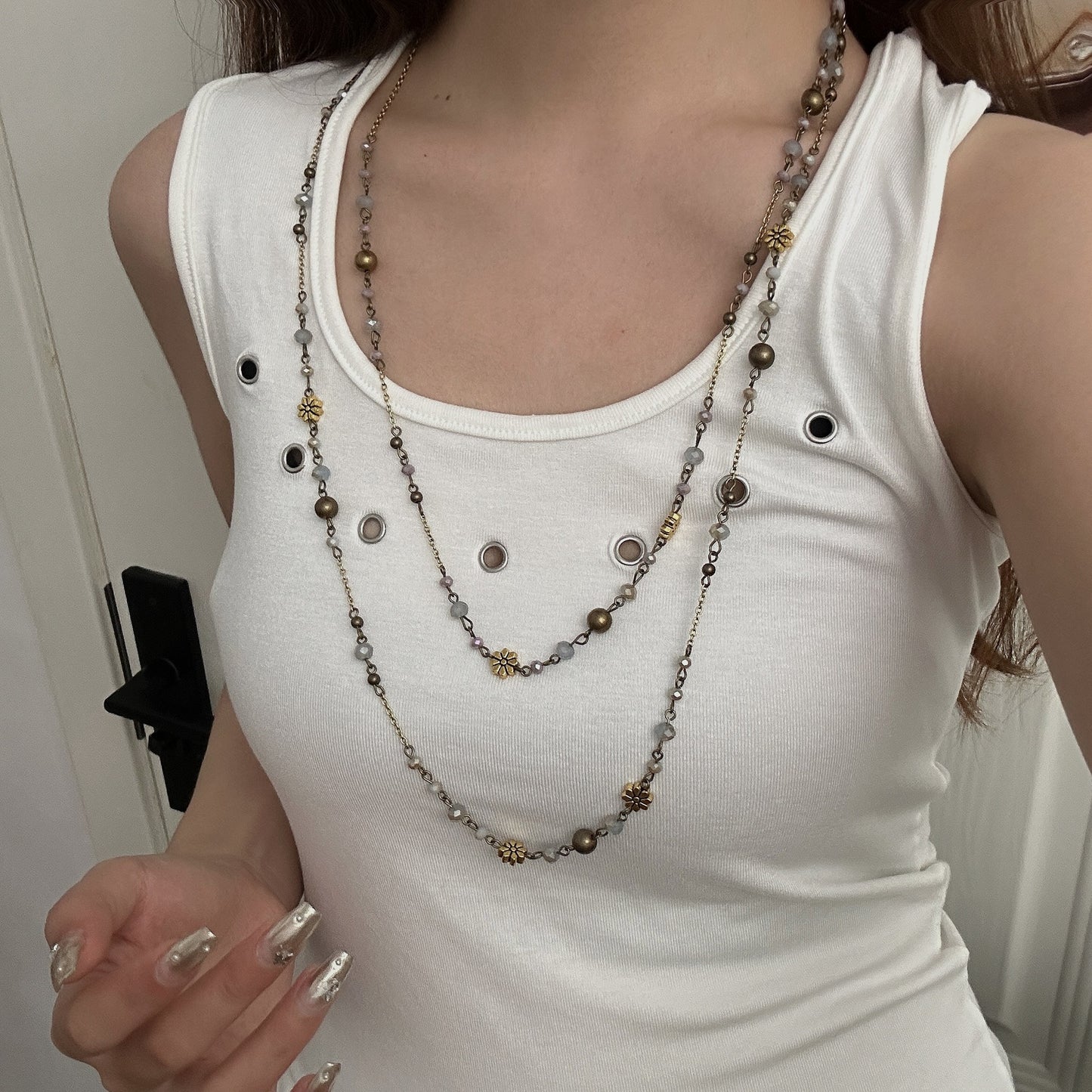 Vintage Beaded Long Twin Niche Clavicle Necklaces