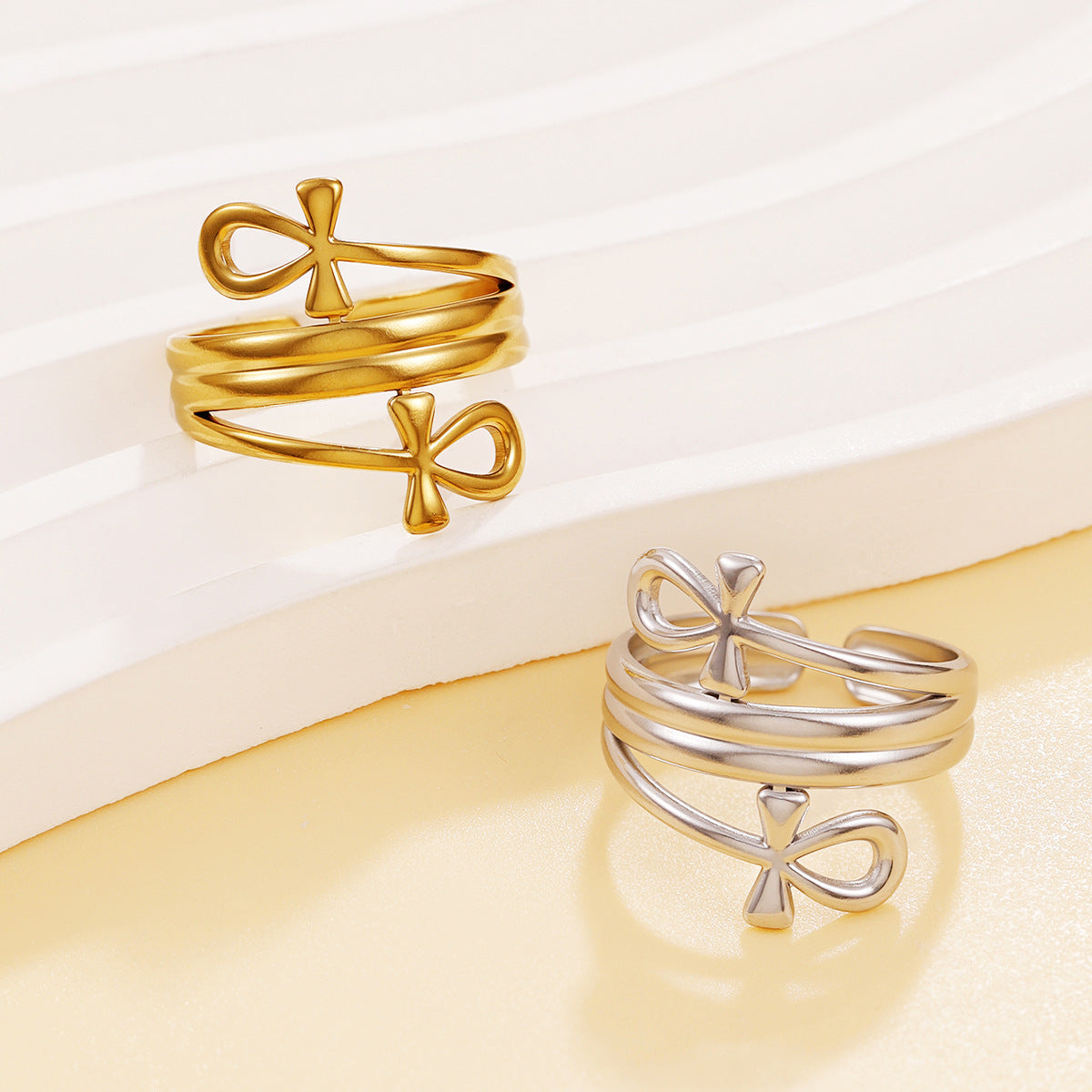 Steel Elegant Retro Cross Line Open Niche Style Vacuum Gold Rings