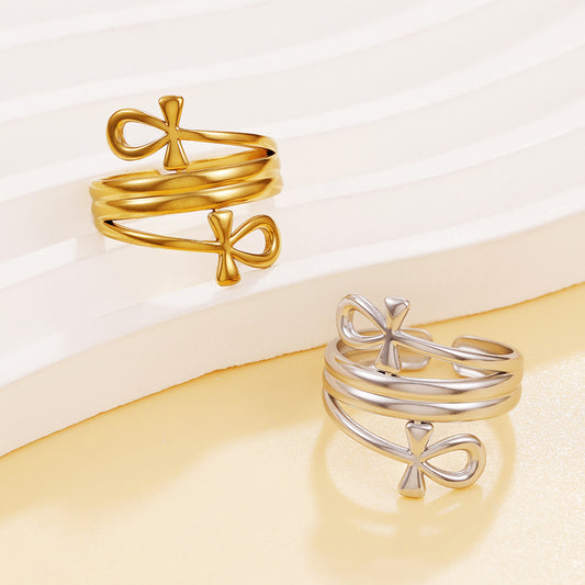 Steel Elegant Retro Cross Line Open Niche Style Vacuum Gold Rings