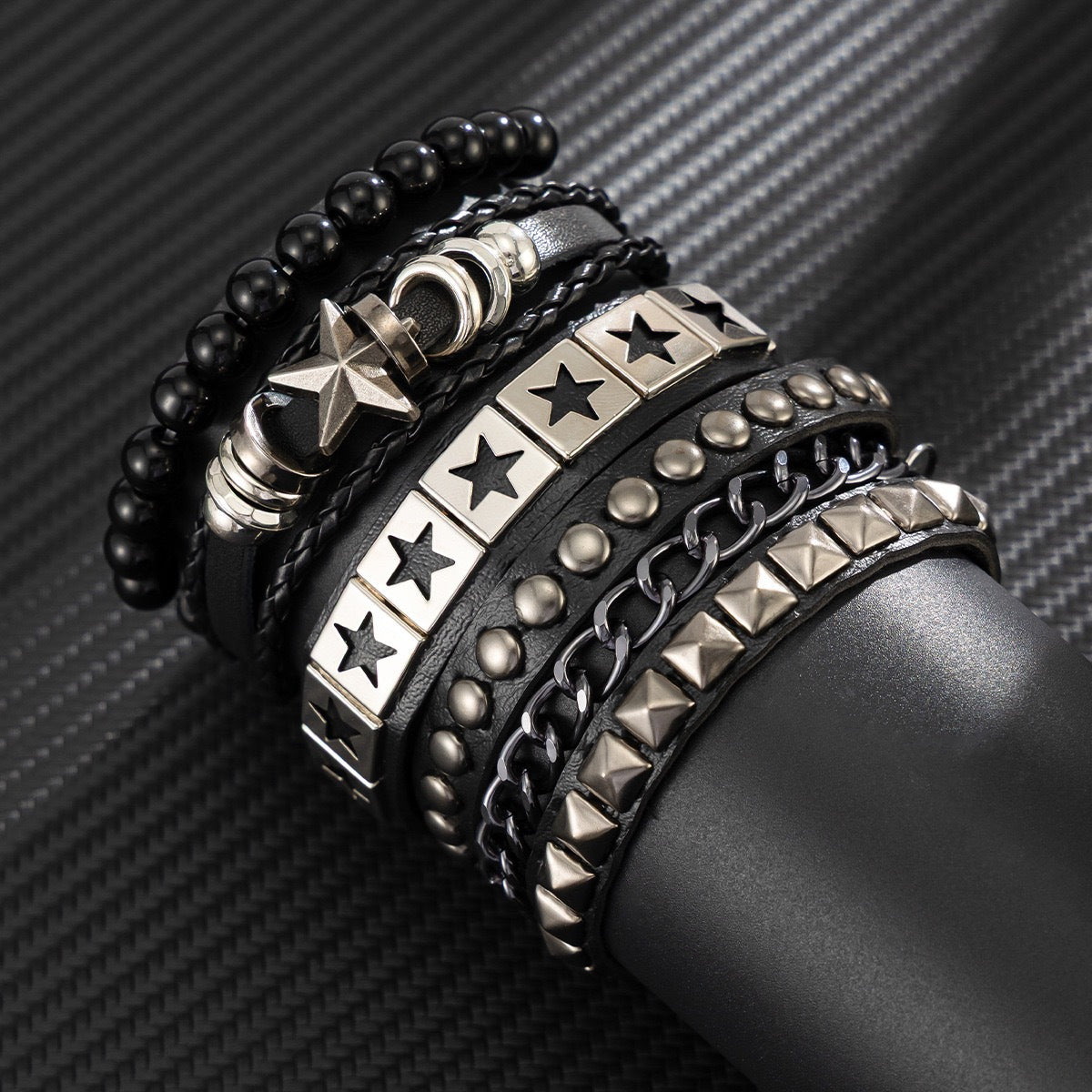Men's Fashion Five-pointed Star Leather Hip Hop Cool Bracelet