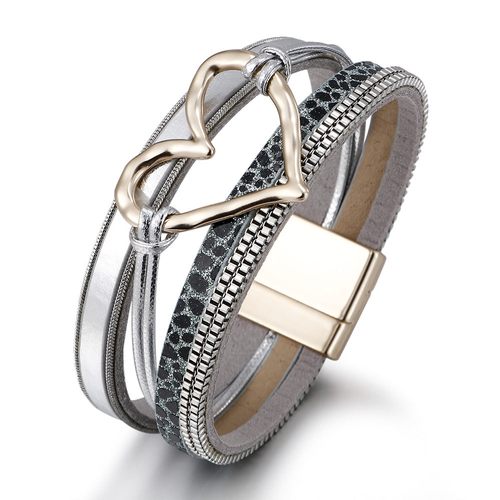 Women's Bohemian Style Leather Heart Fashion Magnetic Bracelet