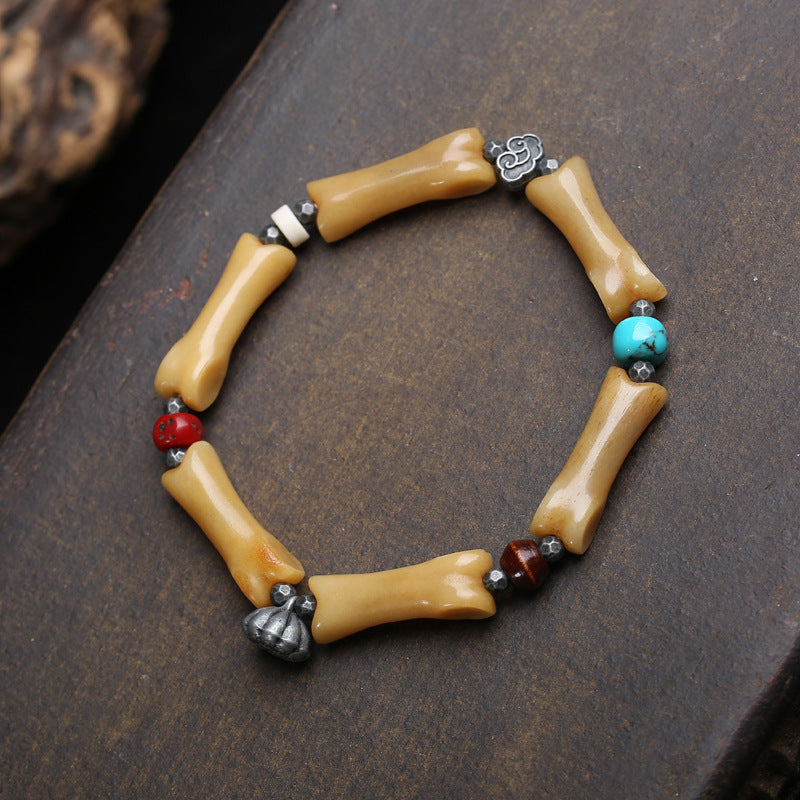 Natural Primary Color Camel Bone Carving High-rise Agate Tibet Beads Bracelet