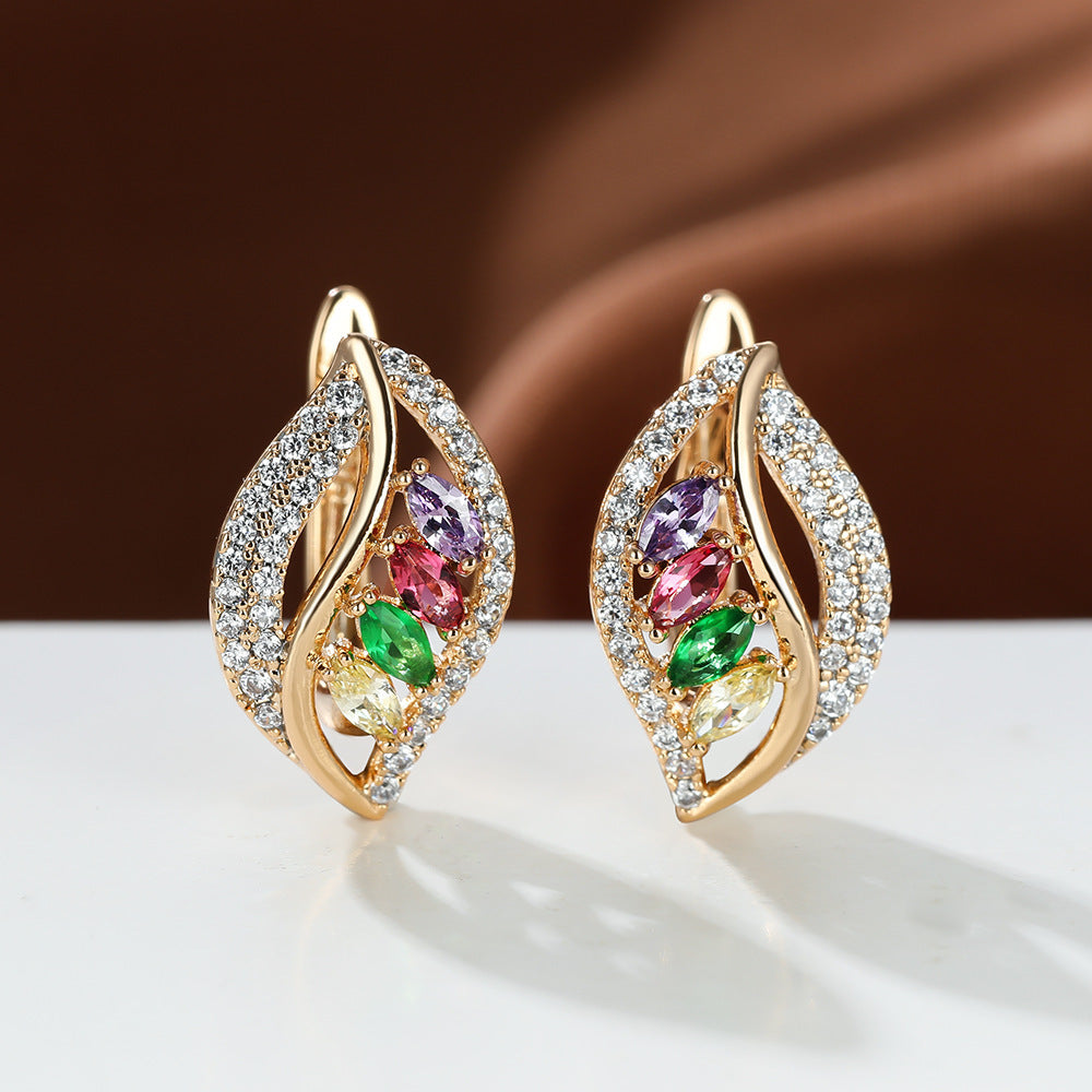 Green Empty Female Champagne Gold Four Diamond Leaf Micro High Stud Earrings