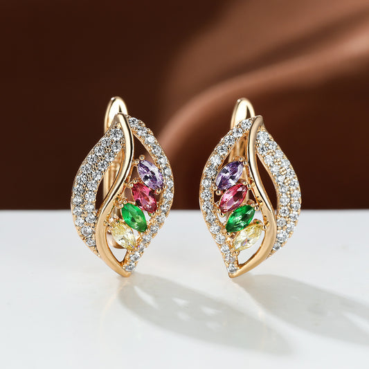 Green Empty Female Champagne Gold Four Diamond Leaf Micro High Stud Earrings